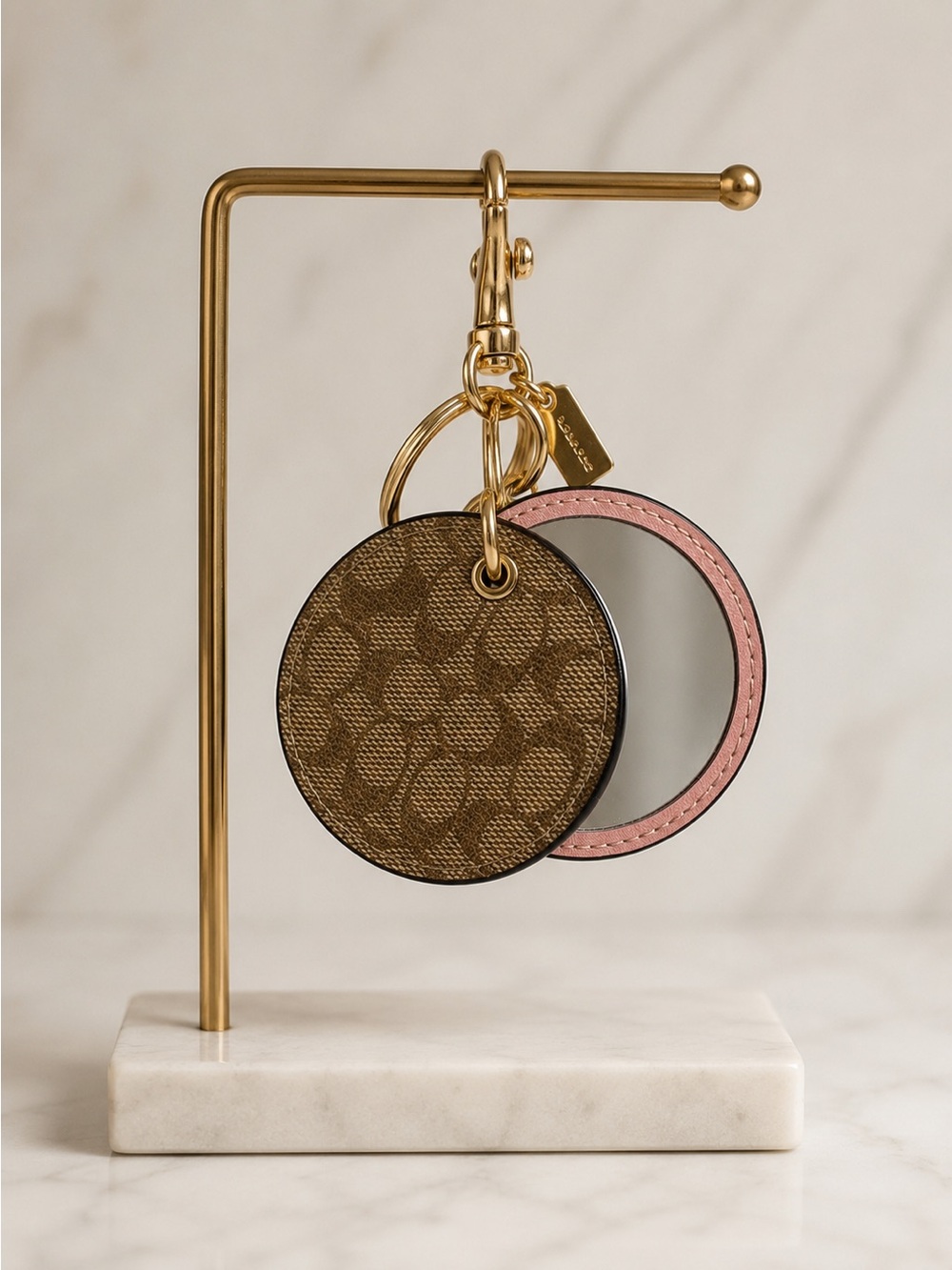 Coach Brown Signature Canvas Mirror Keyring with Pink Trim